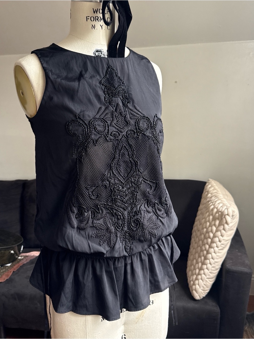 Juicy Couture Black Sleeveless Embroidered Peplum Top
